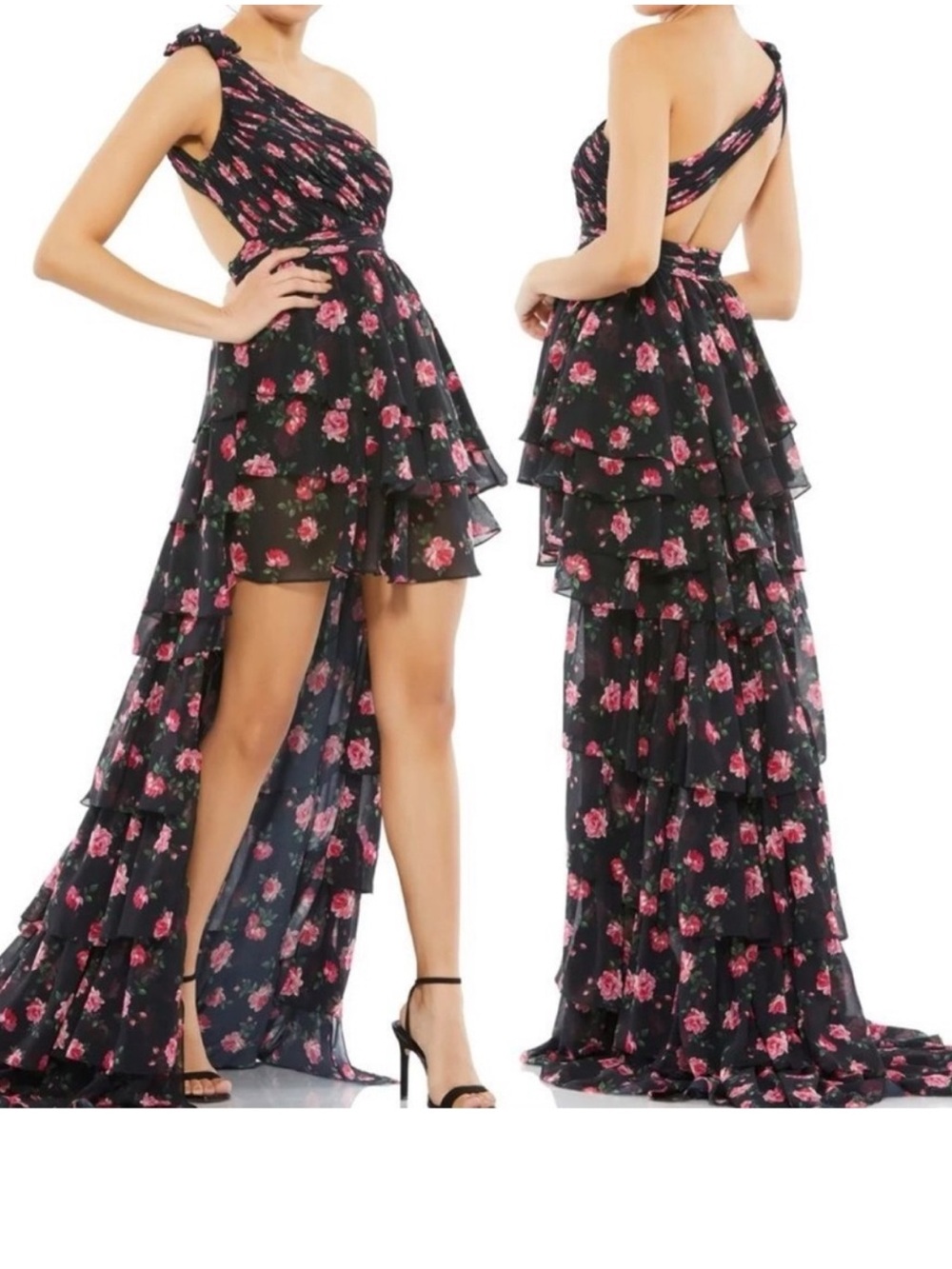 NWT- Mac Duggal One-Shoulder Black Floral Hi-Low Ruffle Evening Dress size 6